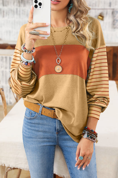 Peach Blossom Colorblock Striped Bishop Sleeve Top