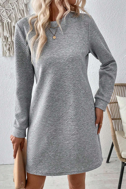 Gray Solid Color Textured Long Sleeve Shift Short Dress