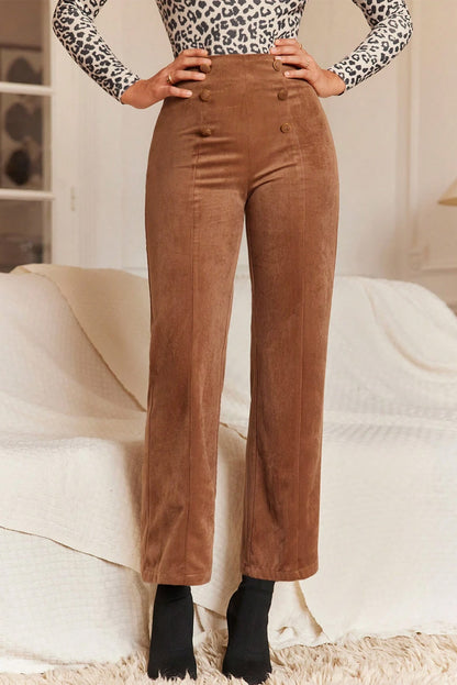 Chestnut Solid Color Double Breasted Straight Leg Pants