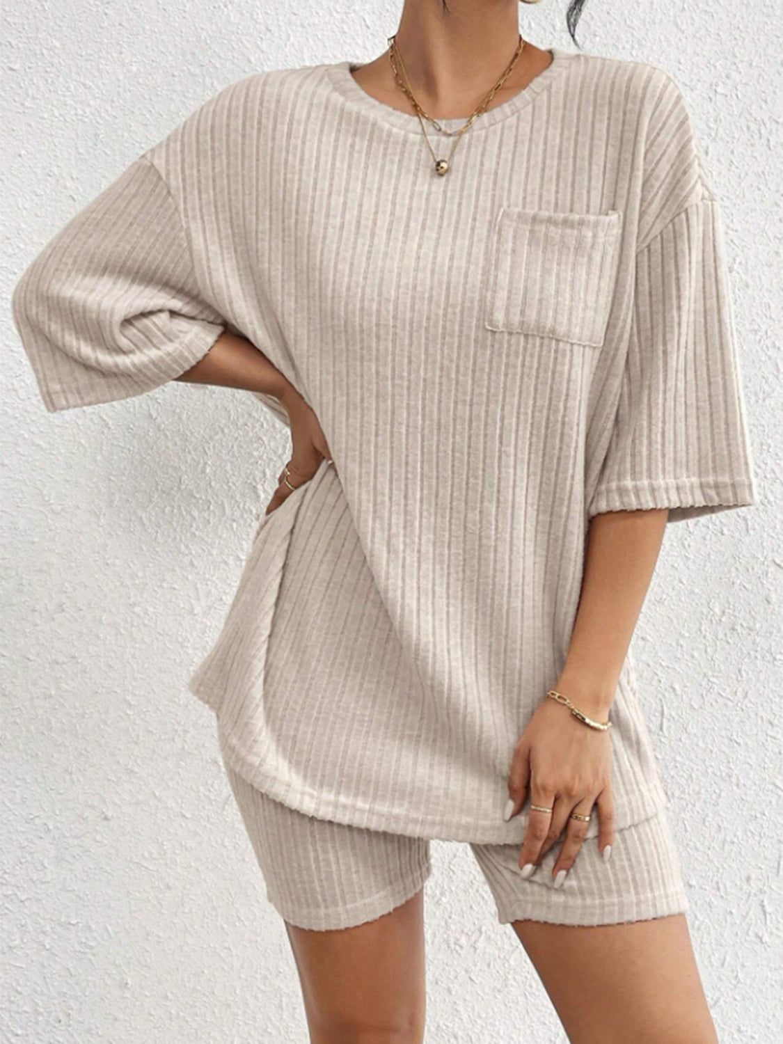 Ribbed Round Neck Top and Shorts Set