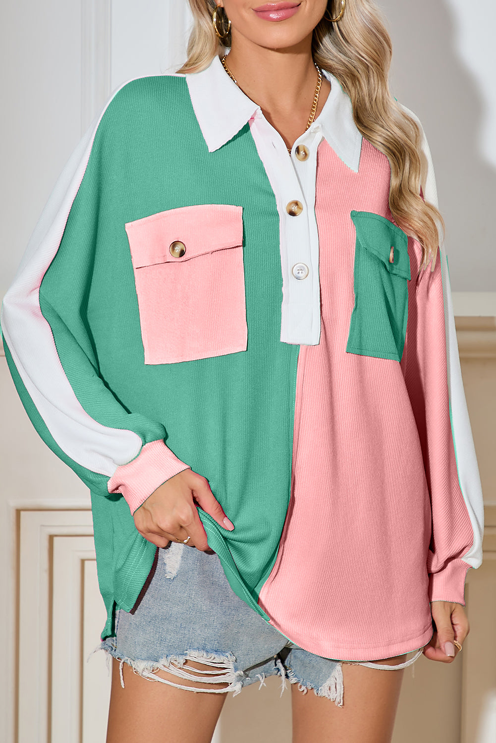 Colorblock Patchwork Ribbed Oversized Henley Sweatshirt