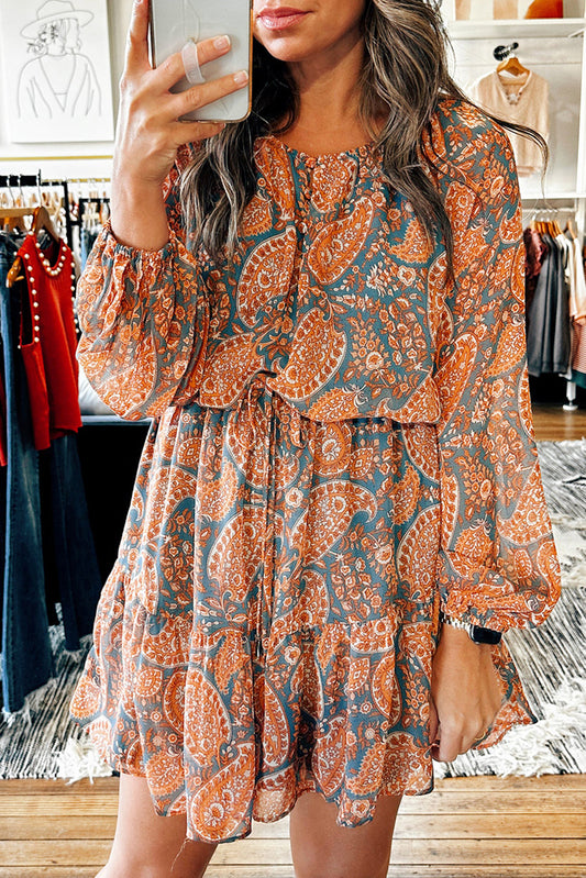 Orange Paisley High Waist Mini Dress