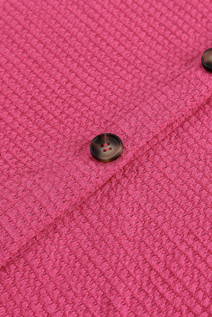 Hot Pink Pocket Buttons Front Waffle Knit Shacket