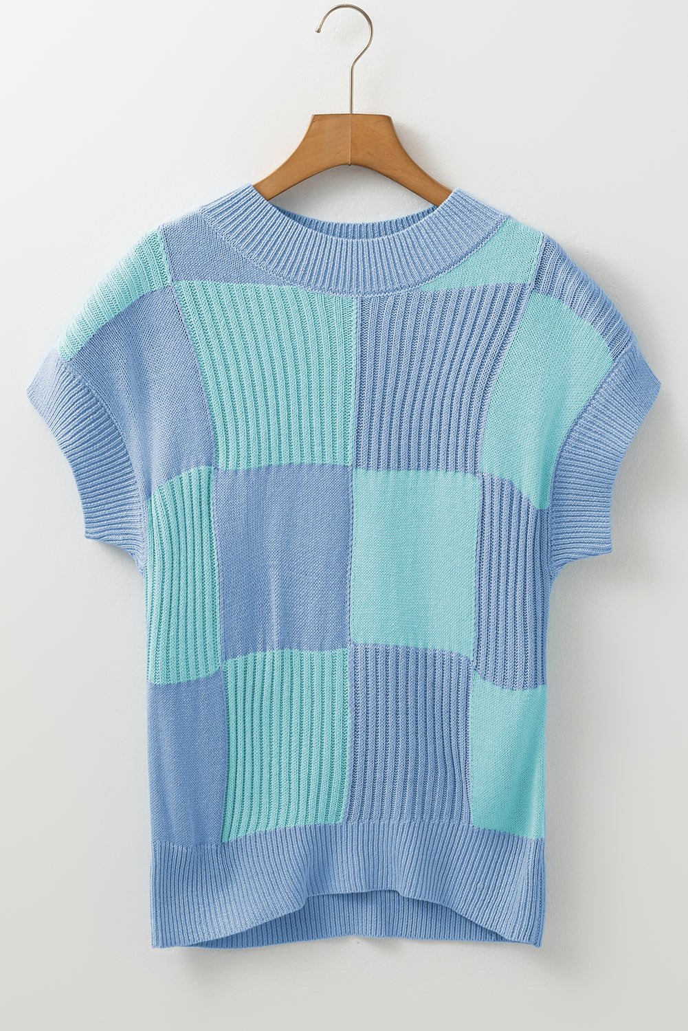 Light Blue Checkered Color Block Crew Neck Short Sleeve Sweater