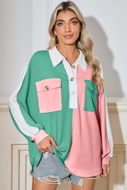 Colorblock Patchwork Ribbed Oversized Henley Sweatshirt