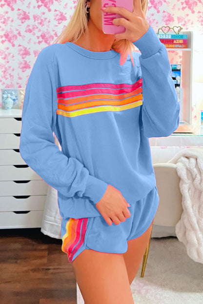 Bonbon Colorful Striped Long Sleeve Pullover and Shorts Set