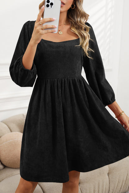 Black Washed Square Neck High Waist Flared Short Dress