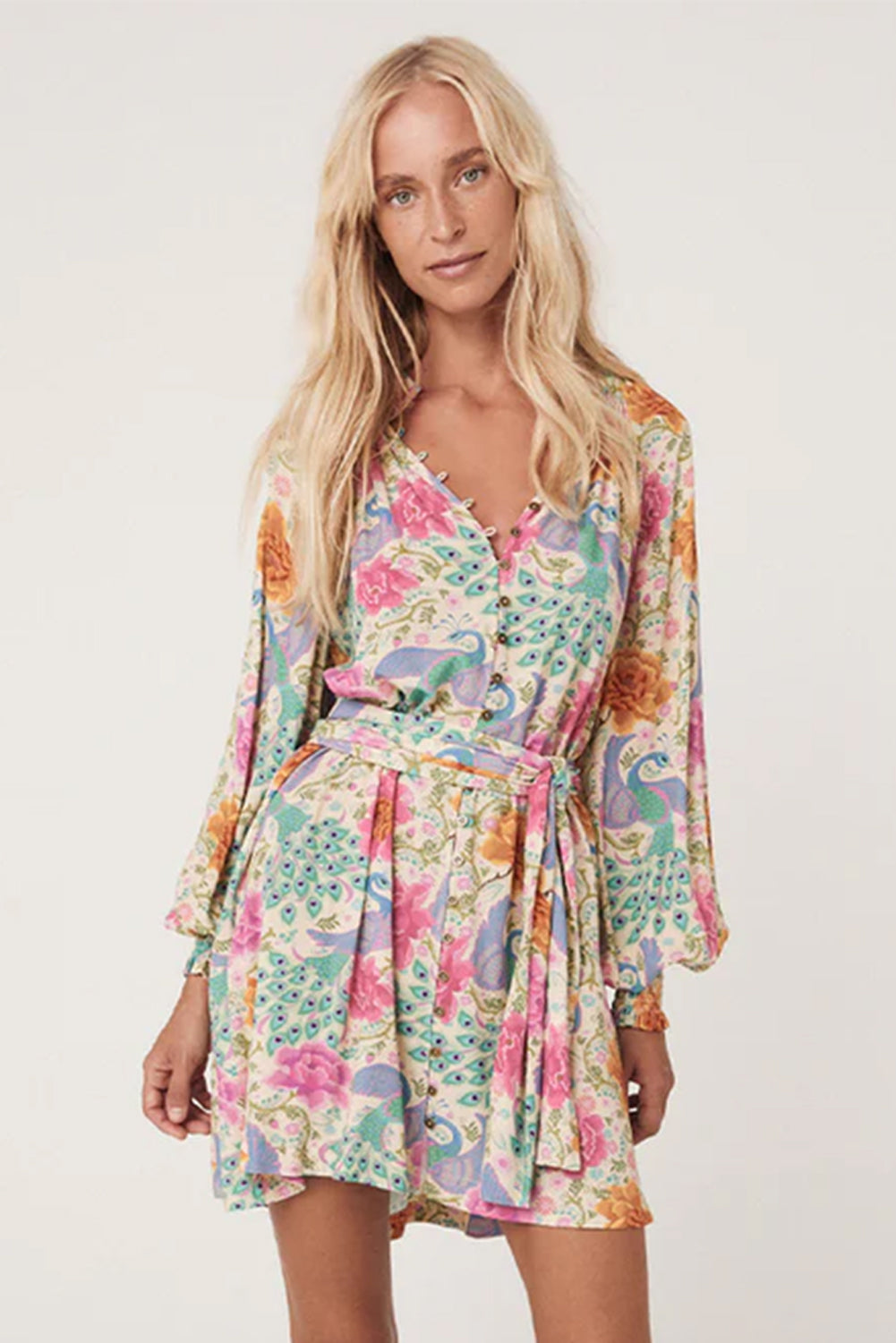 Multicolor Boho Long Sleeve V-Neck Knot Mini Dress