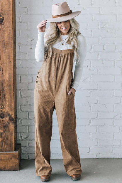 Black Plain Pocketed Loose Fit Corduroy Overalls