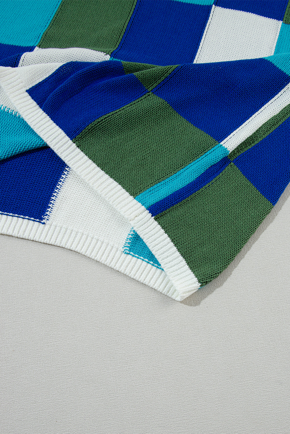 Dark Blue Checkered Color Block Cap Sleeve Knitted Top