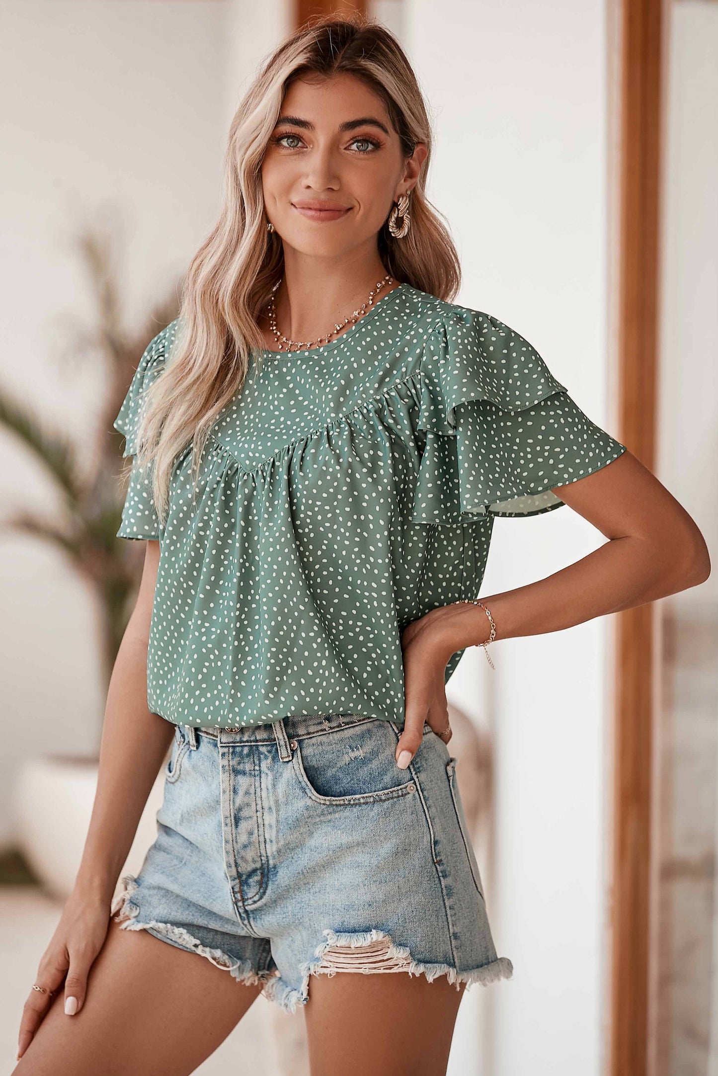 Fiery Red Spotted Print Pleated Ruffle Sleeve Blouse