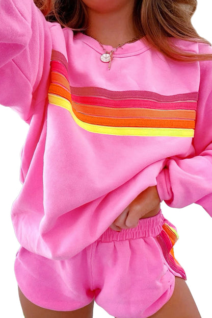 Bonbon Colorful Striped Long Sleeve Pullover and Shorts Set