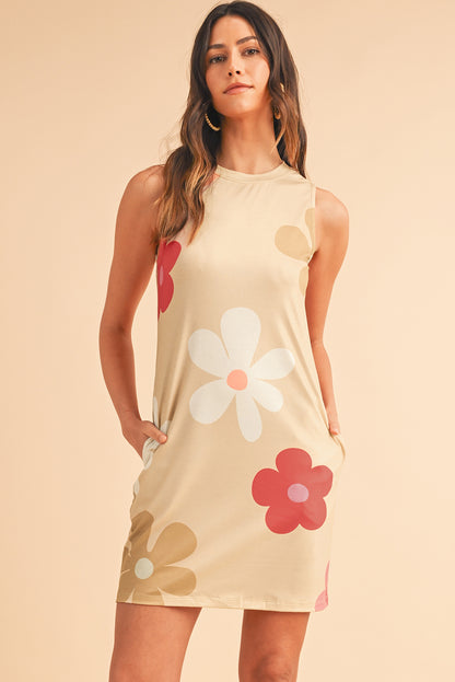 Apricot Flower Print Crew Neck Sleeveless Mini Dress