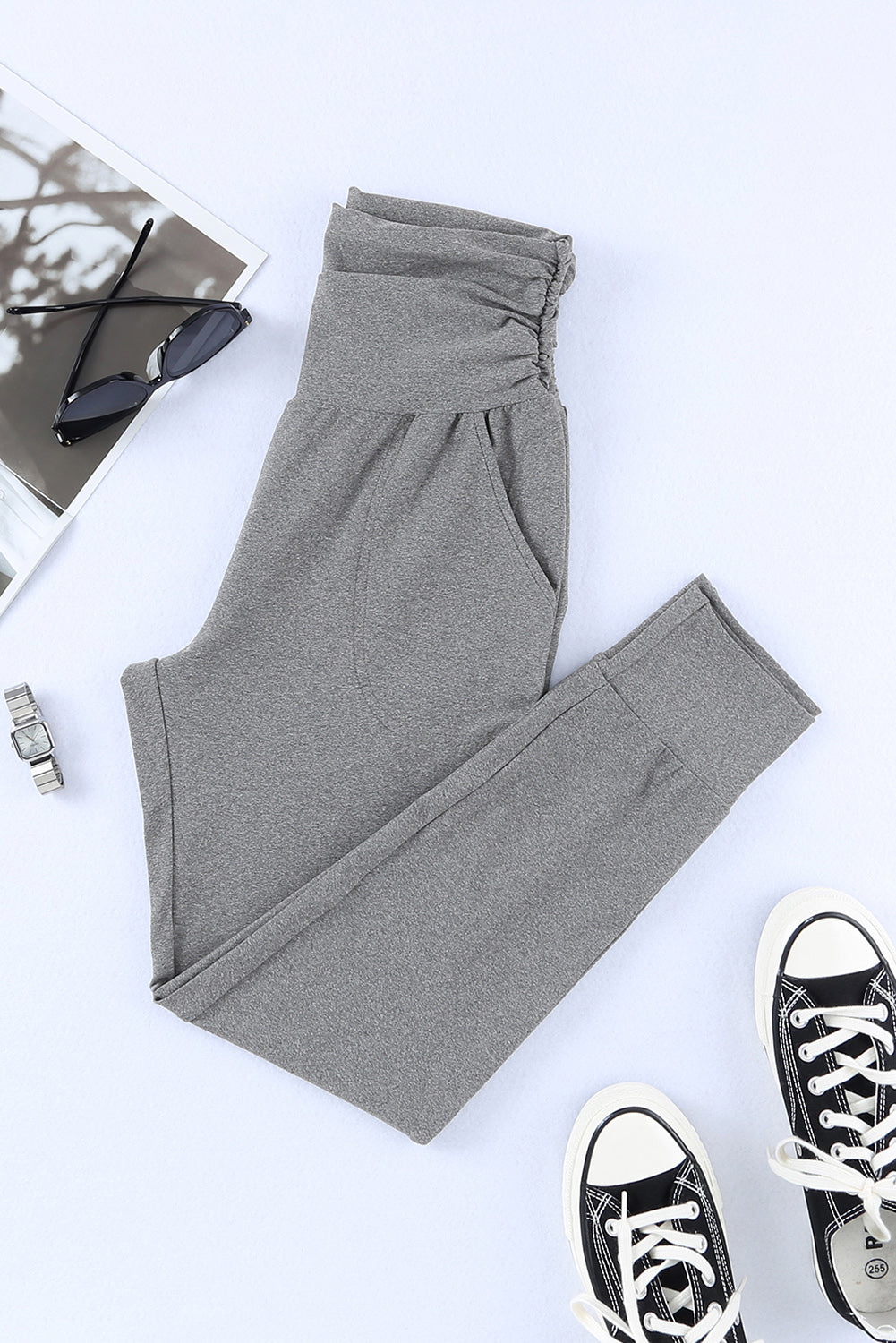 Grey Basic Pleated Pocket High Waisted Leggings