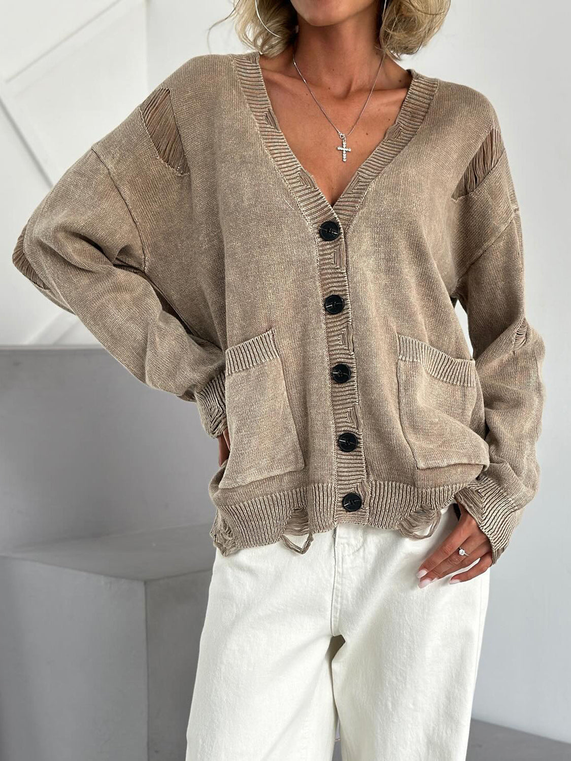 Distressed Button-Down Long Sleeve Cardigan