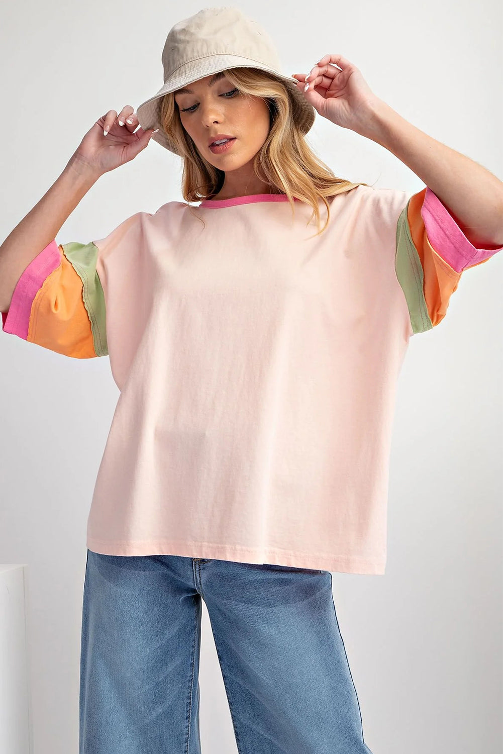 Light Blue Color Block Sleeve Round Neck Oversize Top