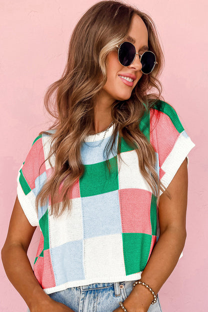 Dark Blue Checkered Color Block Cap Sleeve Knitted Top