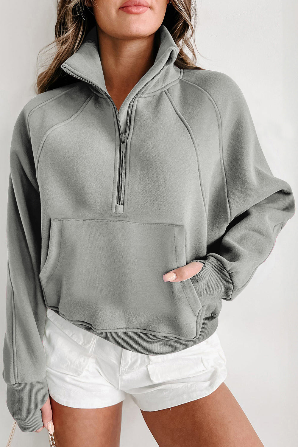 Zip Up Stand Collar Ribbed Thumbhole Sleeve Sweatshirt