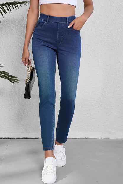 Ashleigh Blue Multiple Pockets Straight Leg Washed Stretchy Knit Jeans