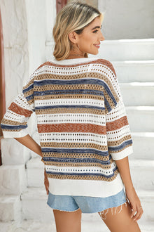 Multicolor Striped V Neck Hollow Knitted Half Sleeve Sweater