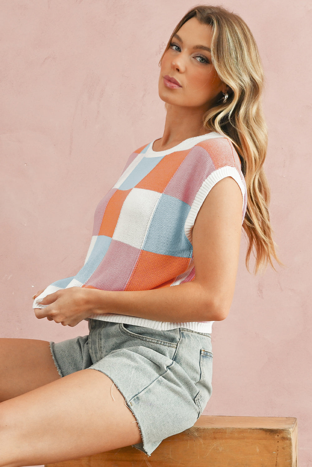 Dark Blue Checkered Color Block Cap Sleeve Knitted Top
