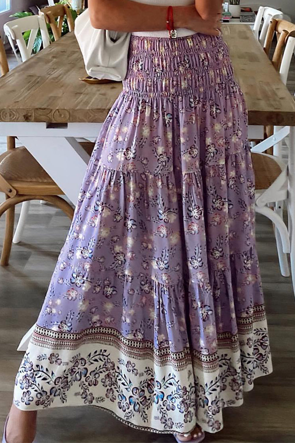 Purple Floral Print Shirred High Waist Maxi Skirt