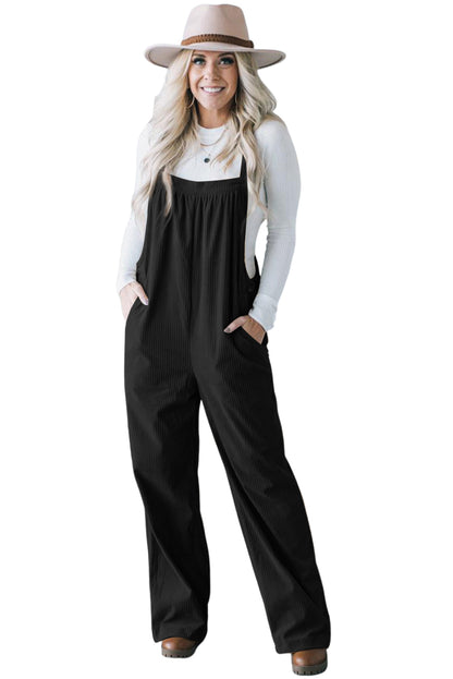 Black Plain Pocketed Loose Fit Corduroy Overalls