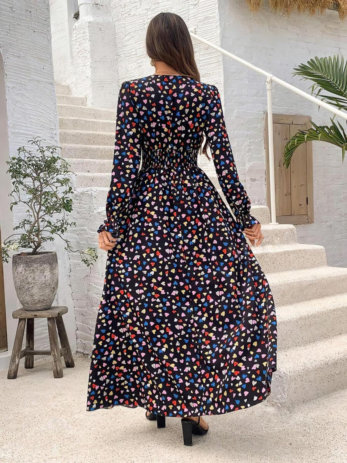 Smocked Printed V-Neck Flounce Sleeve Dress