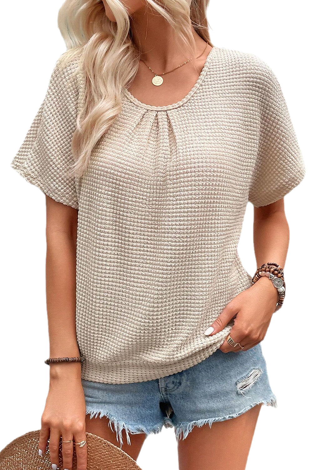 Oatmeal Guipure Lace Splicing Back Waffle Textured T-shirt