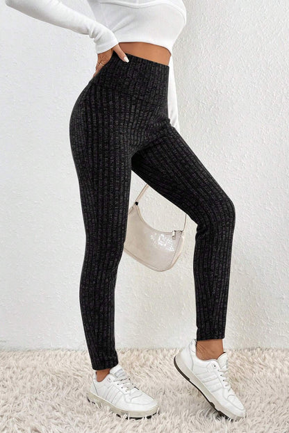 Black Wide Waistband Ribbed Textured Knit Leggings