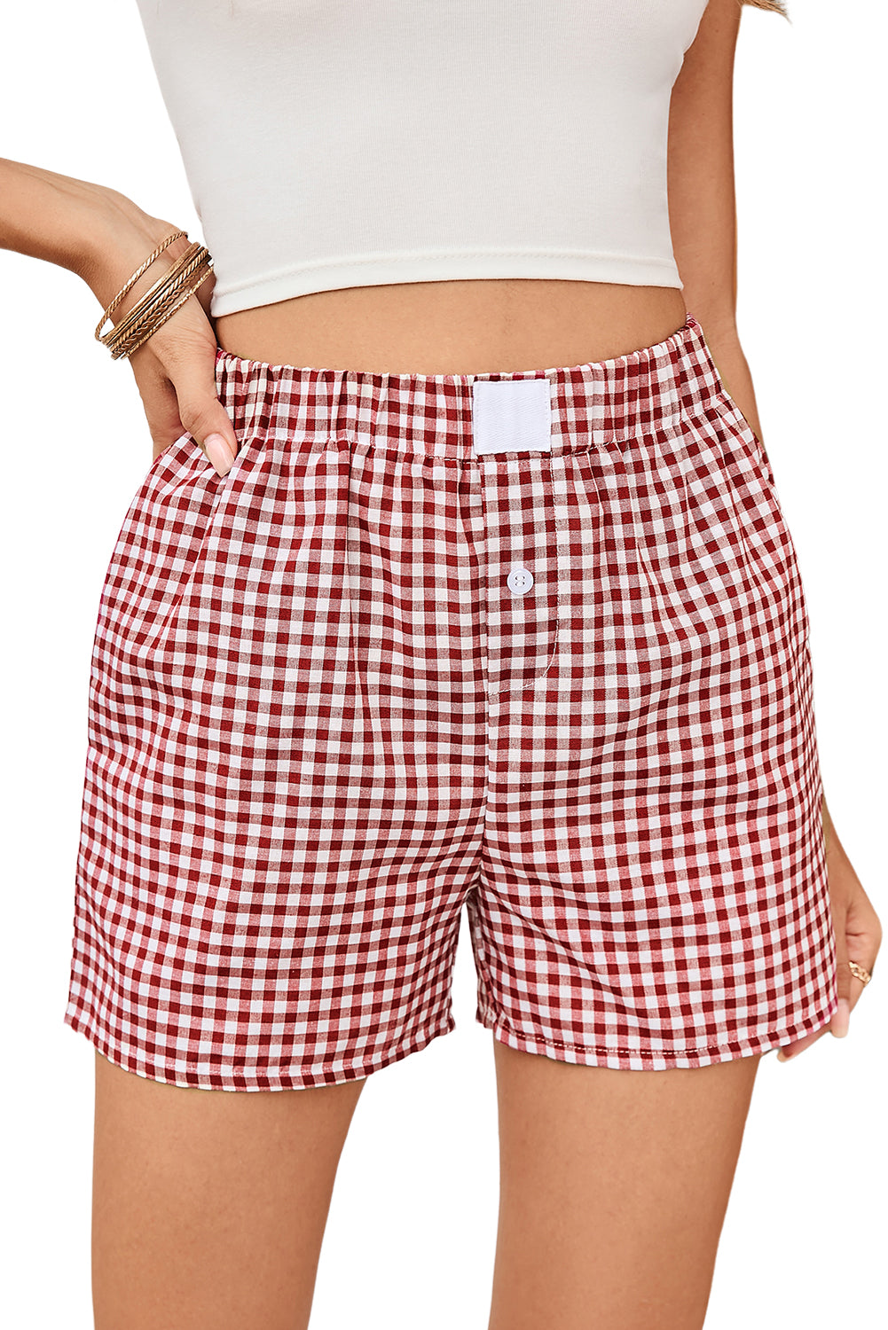 Red Vintage Plaid Print High Waisted Loose Wide Leg Shorts