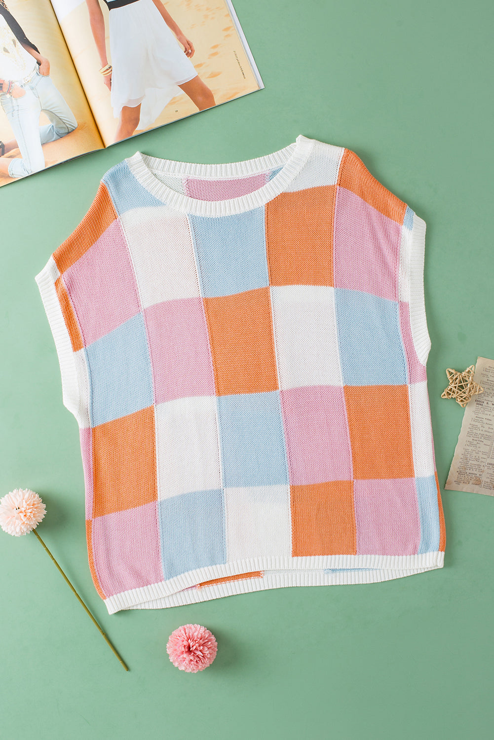 Dark Blue Checkered Color Block Cap Sleeve Knitted Top