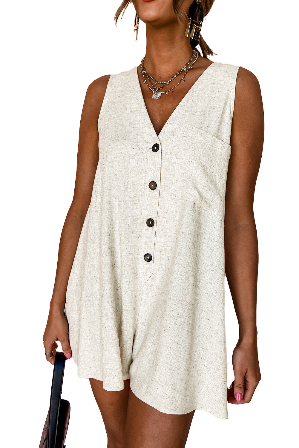 Beige V Neck Buttoned Front Chest Pocket Sleeveless Romper