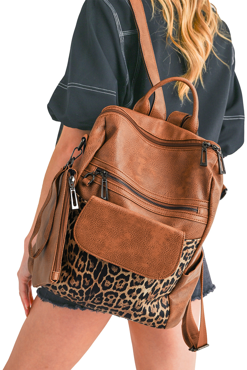 Coffee Leopard Patchwork PU Leather Functional Backpack