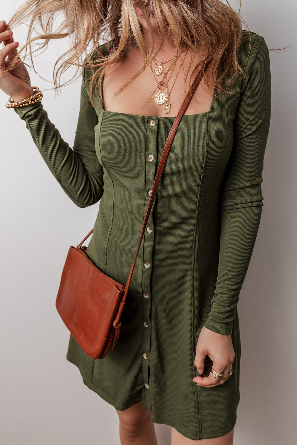 Guacamole Green Rib Knit Square Neck Buttoned Long Sleeve Dress