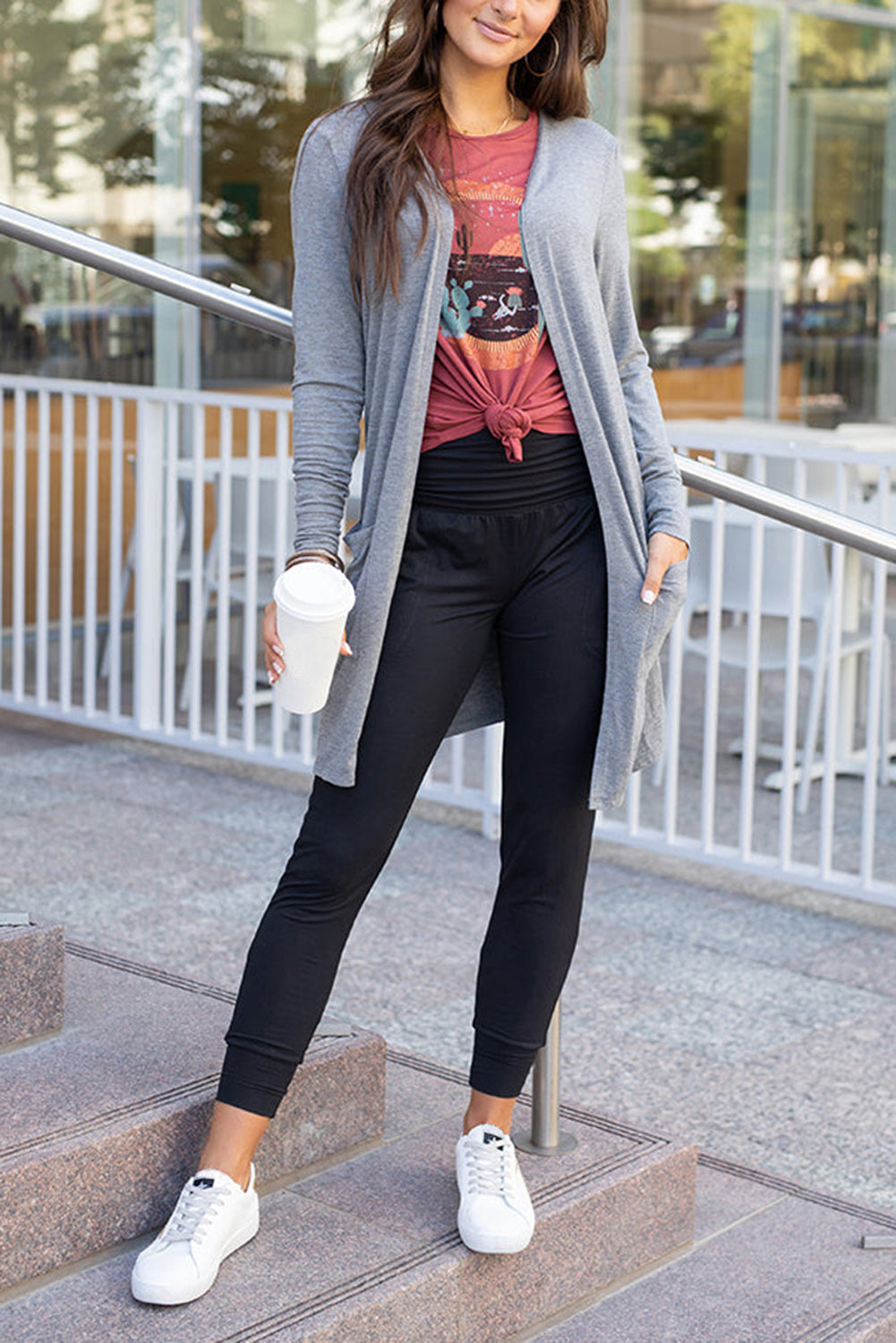 Grey Basic Pleated Pocket High Waisted Leggings