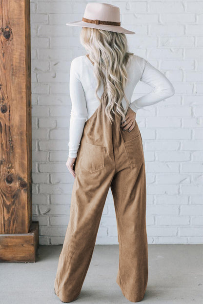 Black Plain Pocketed Loose Fit Corduroy Overalls