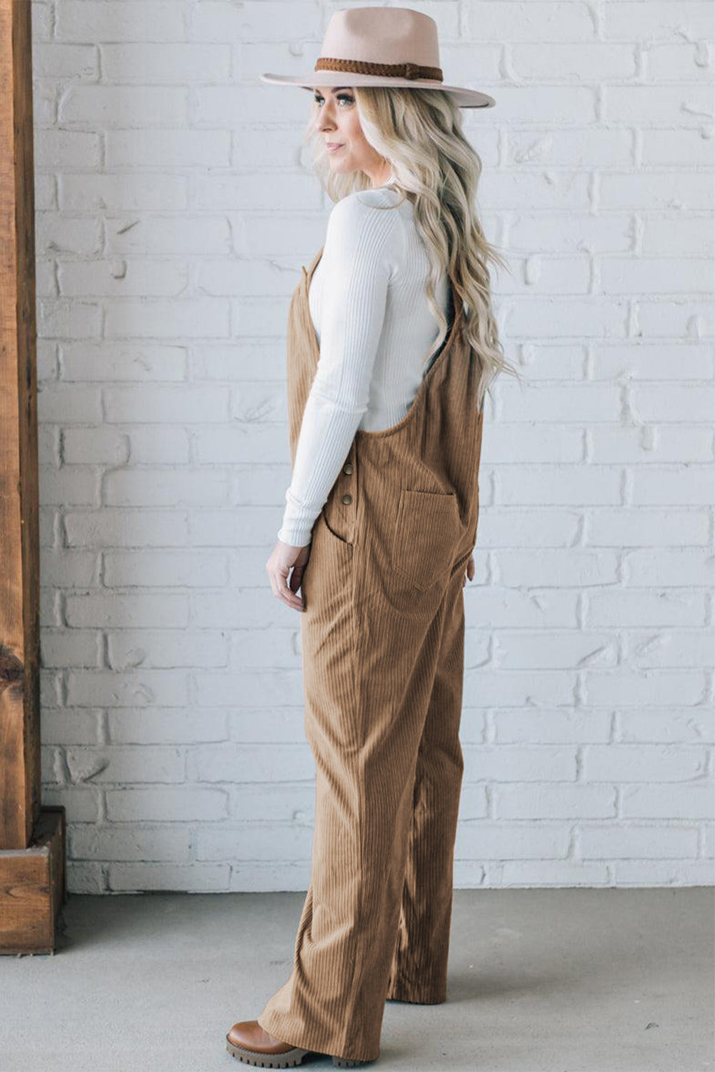 Black Plain Pocketed Loose Fit Corduroy Overalls