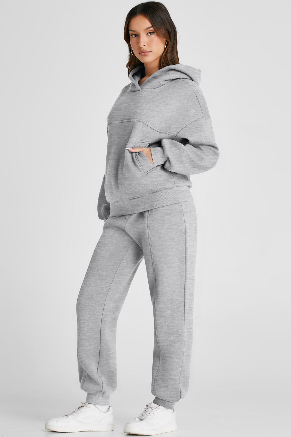 Gray Solid Exposed Seams Hoodie and Jogger Set