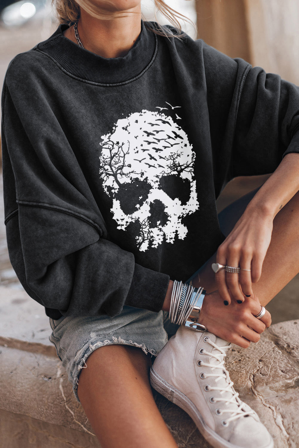 Black Skull Graphic Drop Shoulder Sweatshirt