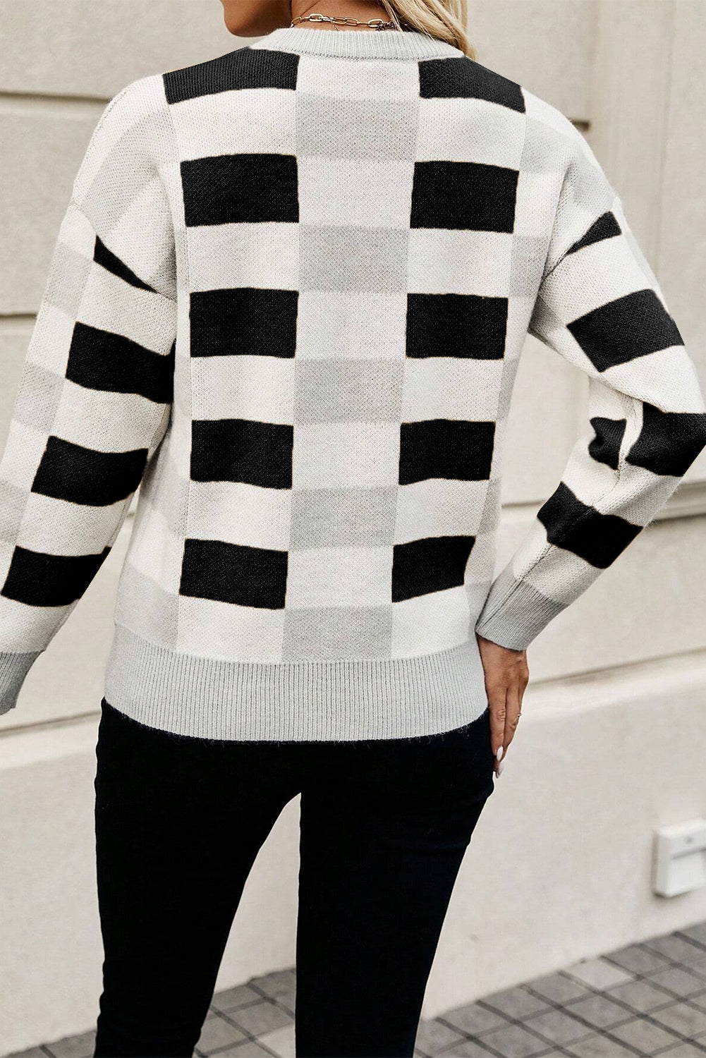 Khaki Checkered Crew Neck Drop Shoulder Knit Sweater