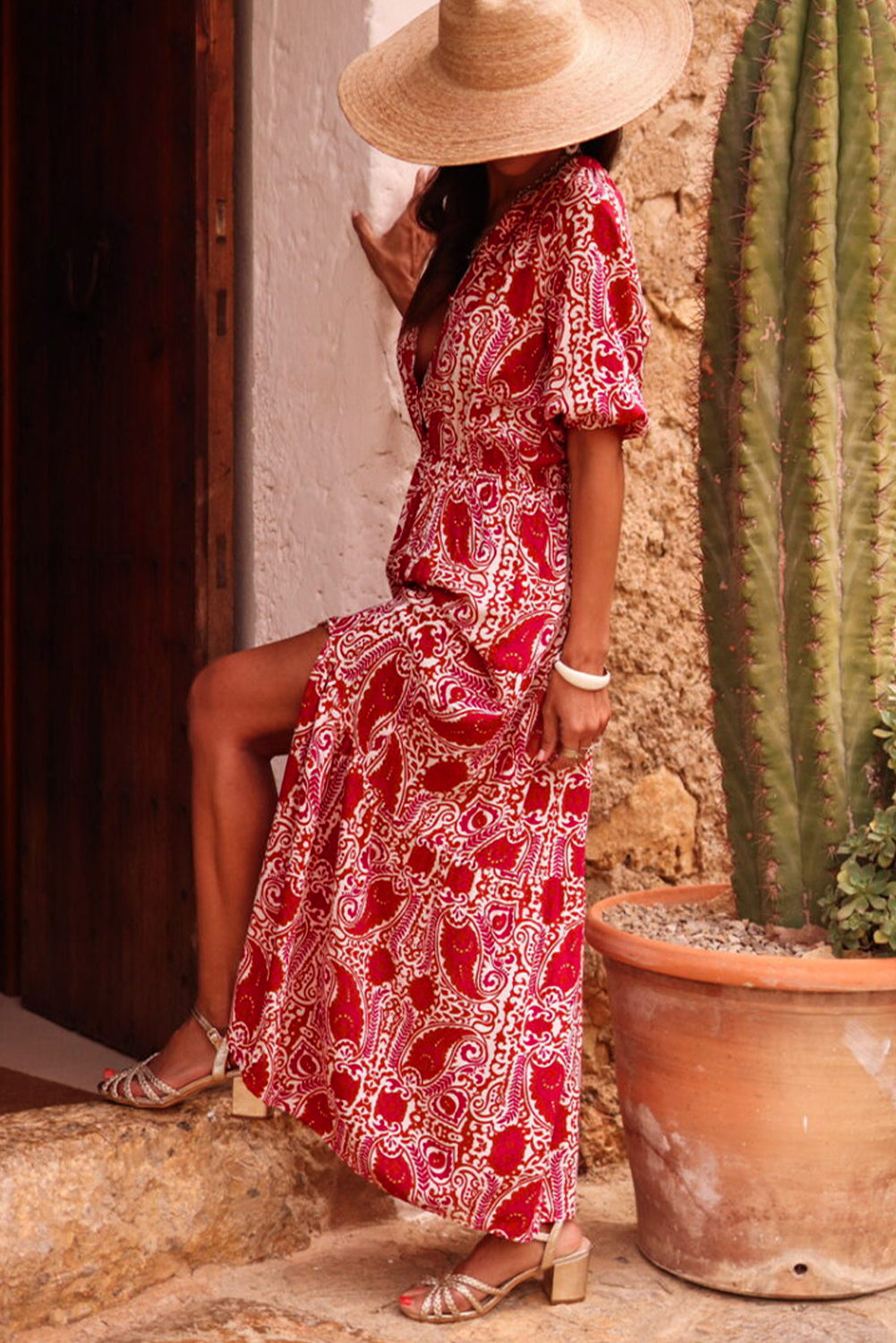 Red Paisley Slit Puff Sleeve High Waist Maxi Dress