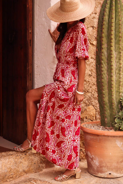 Red Paisley Slit Puff Sleeve High Waist Maxi Dress