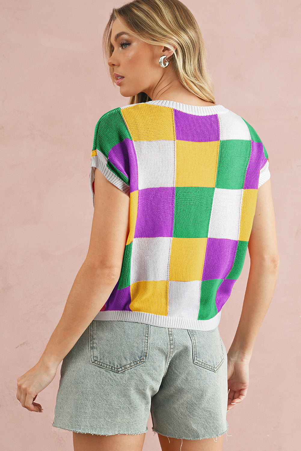 Dark Blue Checkered Color Block Cap Sleeve Knitted Top