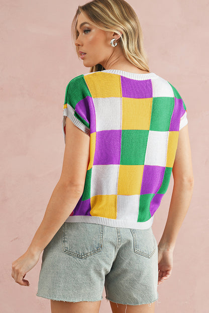 Dark Blue Checkered Color Block Cap Sleeve Knitted Top