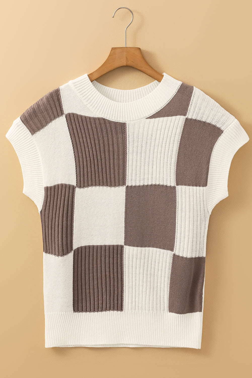 Light Blue Checkered Color Block Crew Neck Short Sleeve Sweater