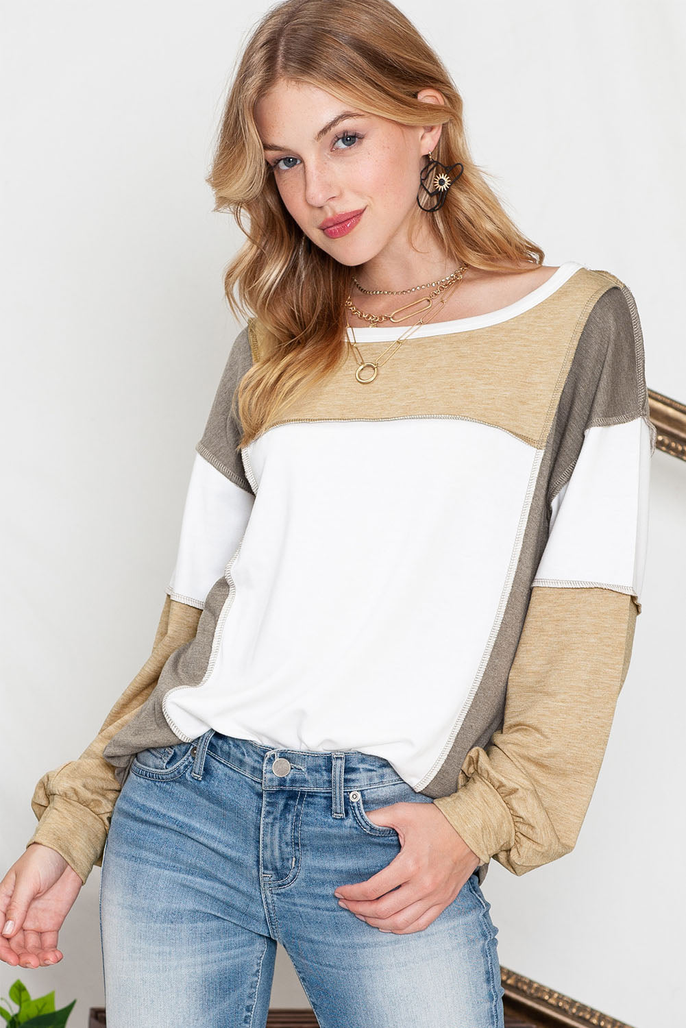 Khaki Color Block Exposed Seam Long Sleeve Top