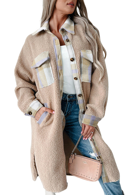 Smoke Gray Plaid Patchwork Collared Button-up Sherpa Long Coat