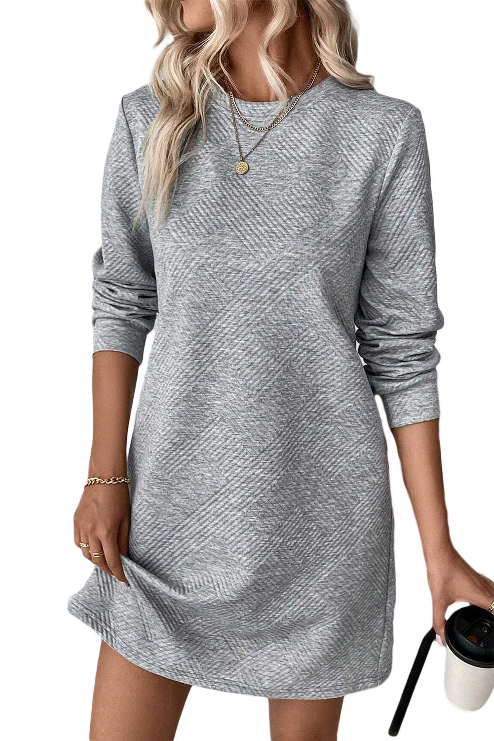 Gray Solid Color Textured Long Sleeve Shift Short Dress