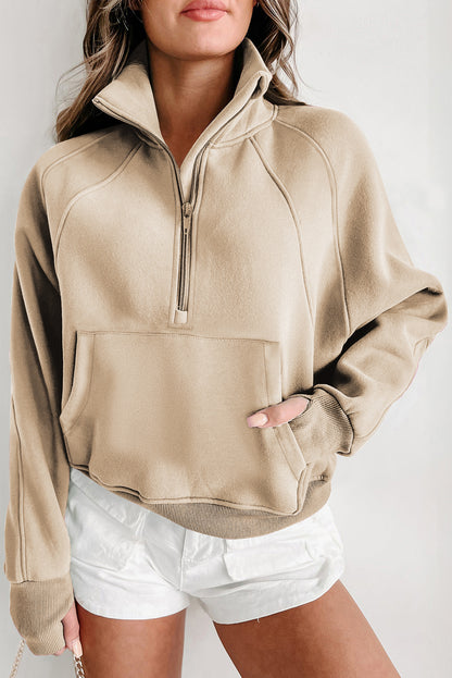 Zip Up Stand Collar Ribbed Thumbhole Sleeve Sweatshirt